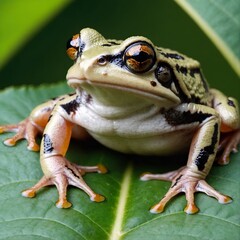 Small frog sitting on a big green jungle leaf - 770070171