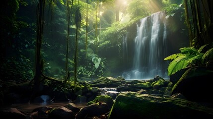 Panoramic view of a waterfall in a tropical rainforest. - obrazy, fototapety, plakaty