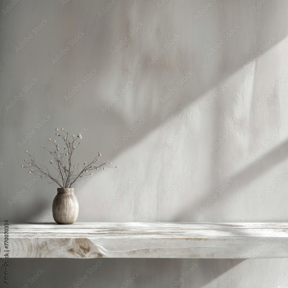 Poster Whitewashed wooden shelf with a rustic vase and dry branches against a textured wall with shadows. Minimalist still life and interior design concept with copy space. High quality photo