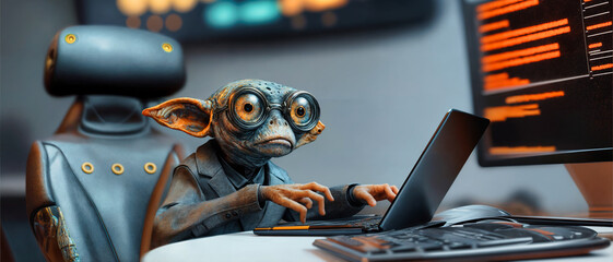 a business alien sit in front of a laptop, surreal and fantastic illustration - obrazy, fototapety, plakaty