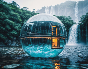 sphere made of glass floats in a river in front of a waterfall. The inside of the sphere is lit, creating an interesting contrast with the outside.