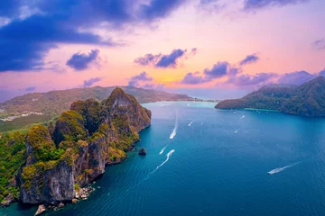 Foto op Canvas Aerial view of Nui beach in koh Phi Phi Don island, in Krabi, Thailand, sunset light © Parilov
