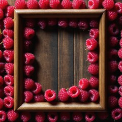 Fresh raspberry fruit on dark wooden table. Top view, copy space for text. - 770070583