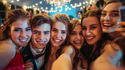 A group of friends taking a selfie together, capturing their memorable prom night - love and purity, beauty and lightness, happiness and joy - obrazy, fototapety, plakaty