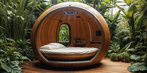 wooden egg-shaped pod with a bed inside, surrounded by plants in a forest. - obrazy, fototapety, plakaty