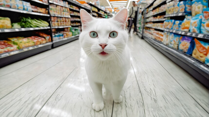 Cat animal walking between shelves in grocery store, supermarket. - 770070793
