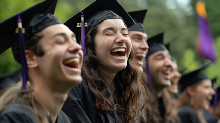 A candid shot of graduates laughing and joking together as they wait for the commencement ceremony to begin - love and purity, beauty and lightness, happiness and joy