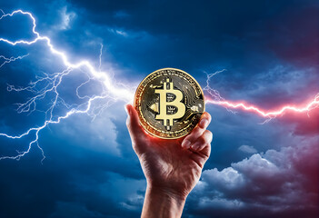 Bitcoin in hand on thunder storm background. Crypto currency. - 770071108