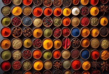 illustration, vibrant kitchen colorful spices still life, ingredients, cooking, food, arrangement, assortment, culinary, display, variety, preparation, organized, art