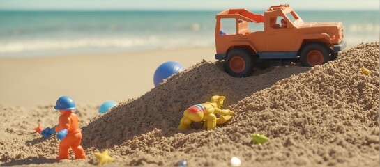 Heap sand with plastic toys at the beach, Summer seaside vacation concept - 770071173