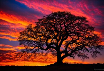 illustration, solitary tree silhouette sunset, dusk, nature, landscape, sky, horizon, orange, outline, isolated, dark, twilight, shadow, sunlight, countryside