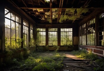 Fototapeta na wymiar illustration, eerie urban exploration deserted structures, abandoned, building, architecture, decay, derelict, ruins, vintage, windows, walls, interior