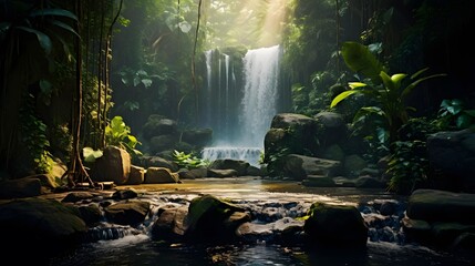 Panorama of beautiful waterfall in tropical rainforest. Nature background.