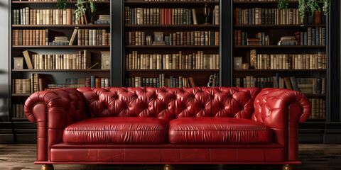 Two seater red sofa with Bookshelves in the library Large bookcase with lots of books Sofa in the room for reading books Library or shop with bookcases Cozy book background.AI Generative 