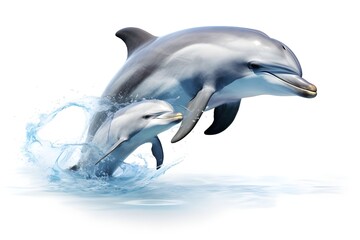 Nurturing Love: Dolphin Mother and Calf on White Background