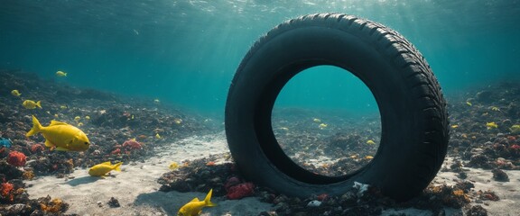 Car tire under the sea Pollution Illustration, Ocean Plastic Ecology Underwater Problem - 770071500
