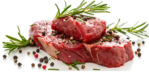 Raw beef steak ready to be cooked isolated on white surface Raw beef tenderloin steak on a cutting board with rosemary pepper salt in other positions.AI Generative