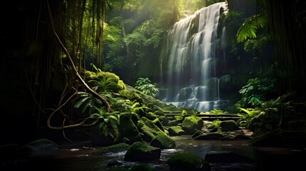 Beautiful waterfall in the jungle. Panoramic view of a waterfall in the jungle.