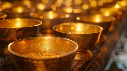 A row of gold bowls with water droplets on them - obrazy, fototapety, plakaty
