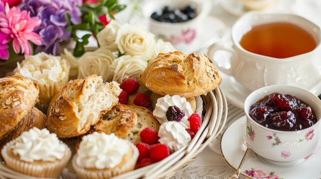  A basket filled with pastries sits next to a steaming cup of tea, accompanied by a plate piled high with fluffy muffins