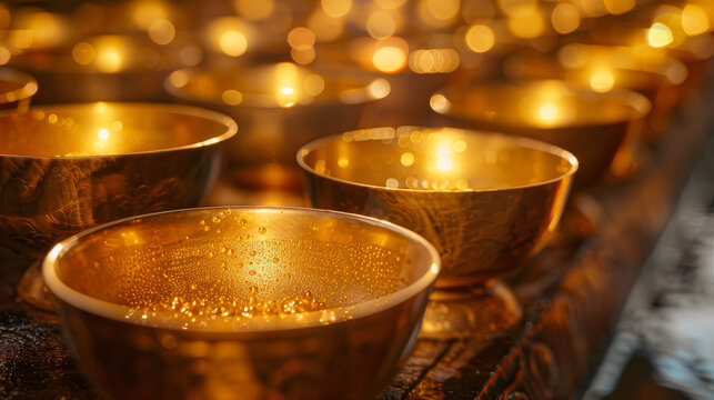 A row of gold bowls with water droplets on them