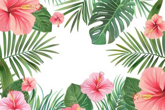 Tropical floral border with leaves and flowers on white background vector illustration