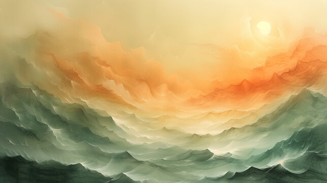 A painting of a large body of water with a sun in the sky. AI.