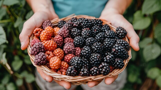  A person holds a basket of blackberries and raspberries in front of a green leaf-covered bush