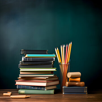 Stack of books and pencils on blackboard background. Back to school concept