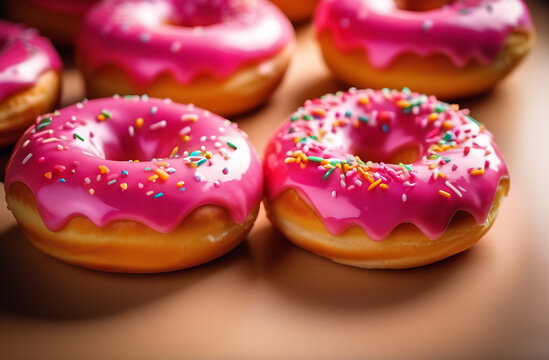 Delicious dessert. Pink donuts with multicolored sprinkles . Confectionery products.