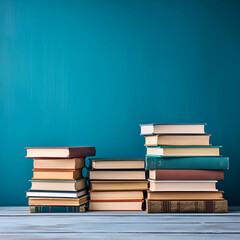 Stack of books on a blue background. Back to school concept.