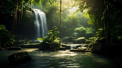 Panorama of beautiful waterfall in tropical rainforest with green leaves. - obrazy, fototapety, plakaty