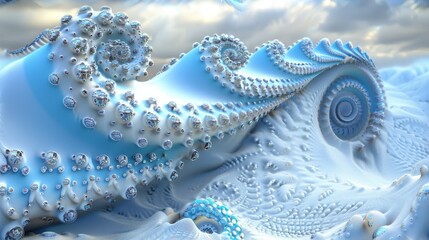 Obraz premium A computer-generated image depicts a snow-covered mountain with a blue sky backdrop and white clouds in the foreground