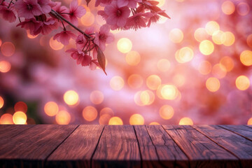 Naklejka na ściany i meble Rustic wooden surface with delicate cherry blossoms extending over a lights bokeh background. High quality photo