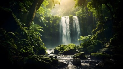 Panoramic view of a beautiful waterfall in tropical rainforest.