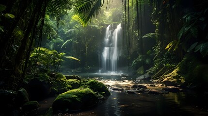 Fototapeta na wymiar Panoramic view of a waterfall in the rainforest of Bali, Indonesia