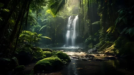 Gordijnen Panoramic view of a waterfall in the rainforest of Bali, Indonesia © Iman