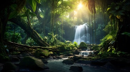 Panoramic view of beautiful waterfall in tropical rainforest at sunrise