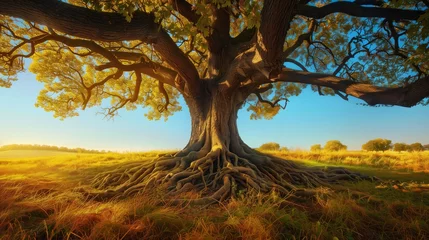 Foto op Canvas A serene image of an ancient tree with sprawling branches, standing alone in a lush, vibrant meadow under a clear blue sky. © SardarMuhammad