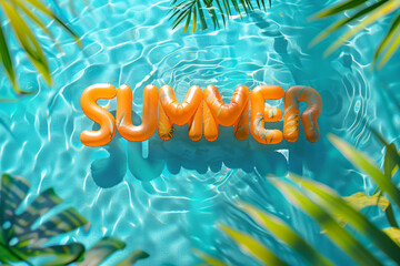 Overhead view of a swimming pool with the word Summer written from inflatable pool floats - obrazy, fototapety, plakaty