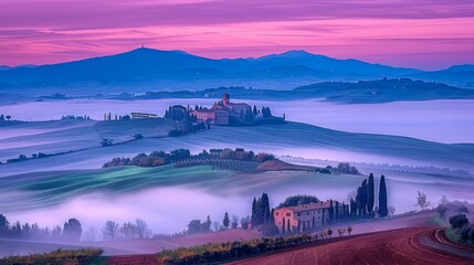  A stunning image of a castle shrouded in mist, surrounded by rolling hills and deep valleys - obrazy, fototapety, plakaty