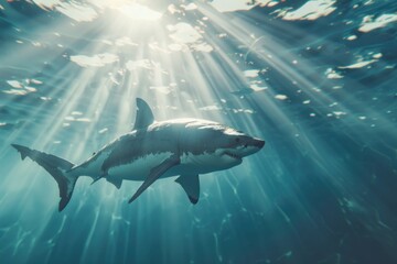 3d render of great white shark swimming in ocean - obrazy, fototapety, plakaty