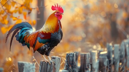 Majestic close-up of a proud rooster perched on a fence, highlighting the regal beauty of poultry. - obrazy, fototapety, plakaty