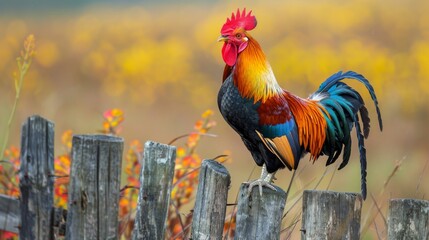 Close-up of a proud rooster perched on a fence, showcasing the regal beauty of poultry. - obrazy, fototapety, plakaty