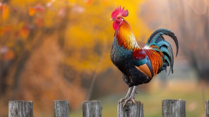 Upon the wooden fence, a proud rooster poses in majestic splendor, its regal presence elevating the beauty of farmyard poultry. - obrazy, fototapety, plakaty