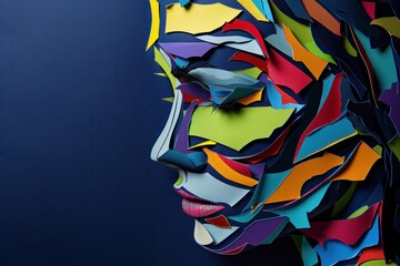 An abstract portrait of a woman made from colorful paper pieces in the style of Nickel against a dark blue background