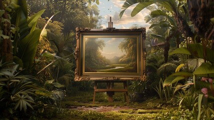A serene landscape painting within a painting, set in an ornate frame and propped on an easel in a lush garden. - obrazy, fototapety, plakaty