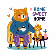Cute bear in hoodie and pants sits on yellow chair with coffee cup and hugs orange cat. Inscription on top 