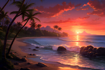 Beautiful seascape with palm trees and sunset. 3d render