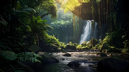  Panoramic view of a waterfall in a tropical rainforest. © Iman